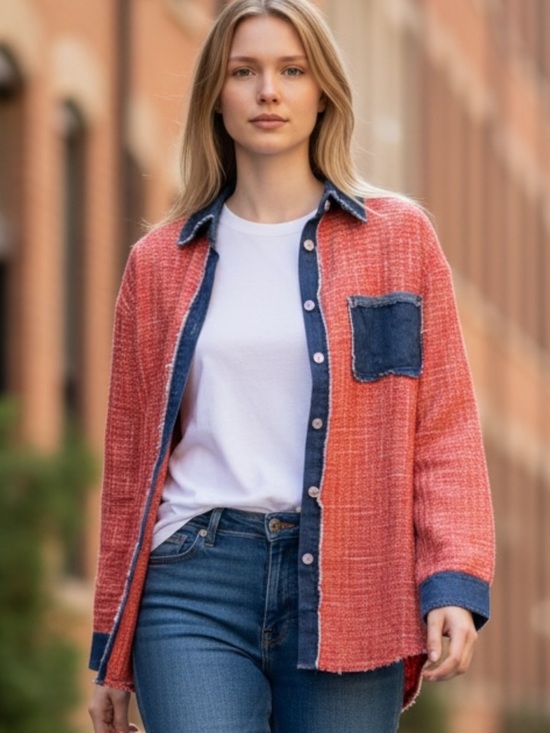 Umgee Tops - Umgee M Orange and Denim Button-Up Shacket